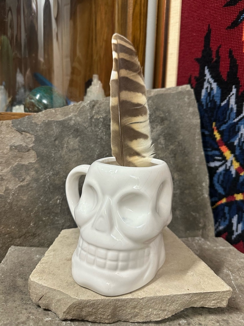 White Ceramic Skull Mug with Feather Accent